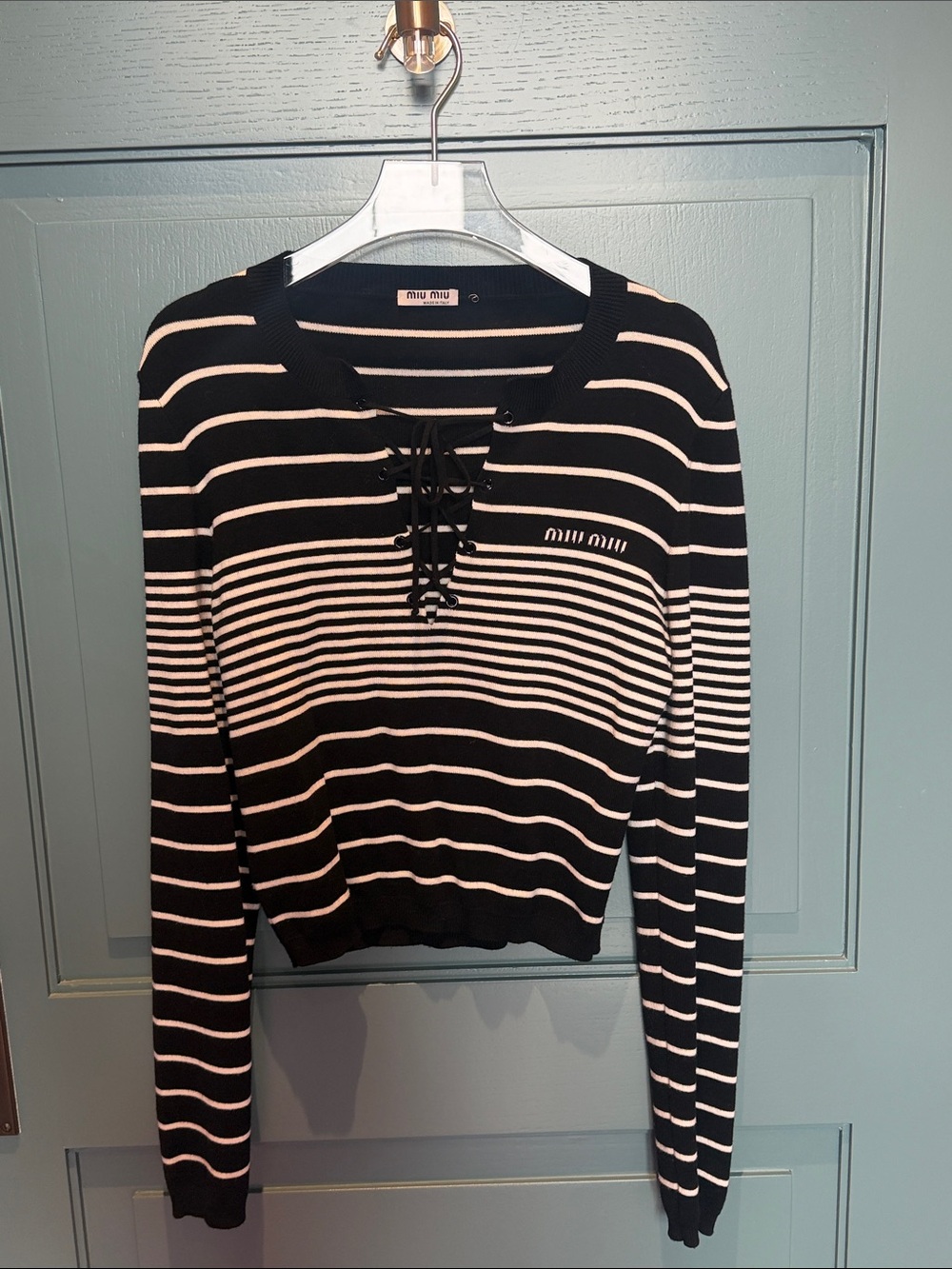 Miu Miu Black and White Striped Lace-Up Long Sleeve Top